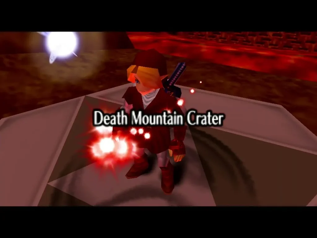 Link in a red warp flash as the Death Mountain Crater title appears Link in a red warp flash as the Death Mountain Crater title appears