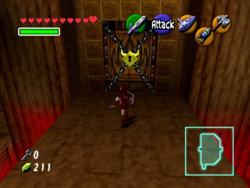 Link at the Fire Temple boss door sealed with chains and a golden lock Link at the Fire Temple boss door sealed with chains and a golden lock