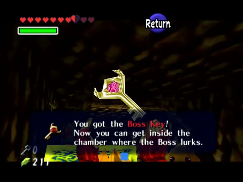 Link holding up the Boss Key with the complete 'You got the Boss Key' box in Fire Temple Link holding up the Boss Key with the complete 'You got the Boss Key' box in Fire Temple