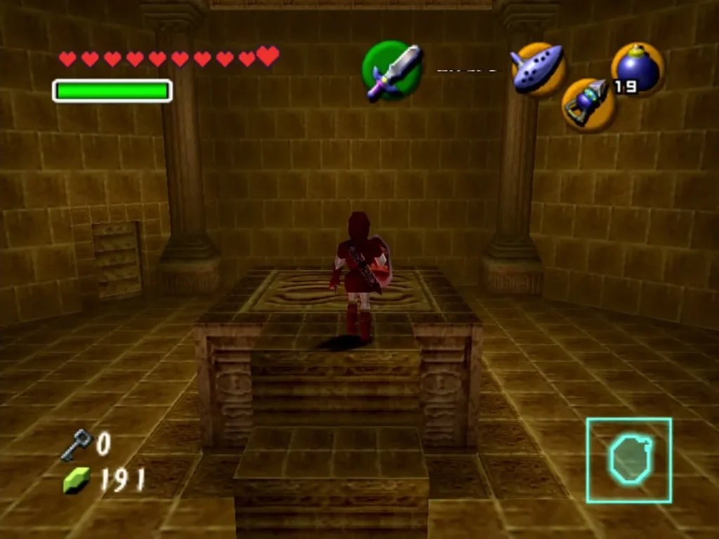 Link standing on the rising platform in the center of the boss room Link standing on the rising platform in the center of the boss room