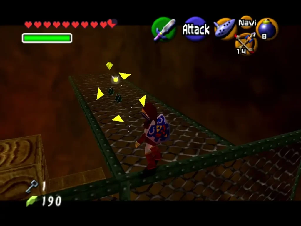 Link walking along the chain-link fence walkway above lava Link walking along the chain-link fence walkway above lava