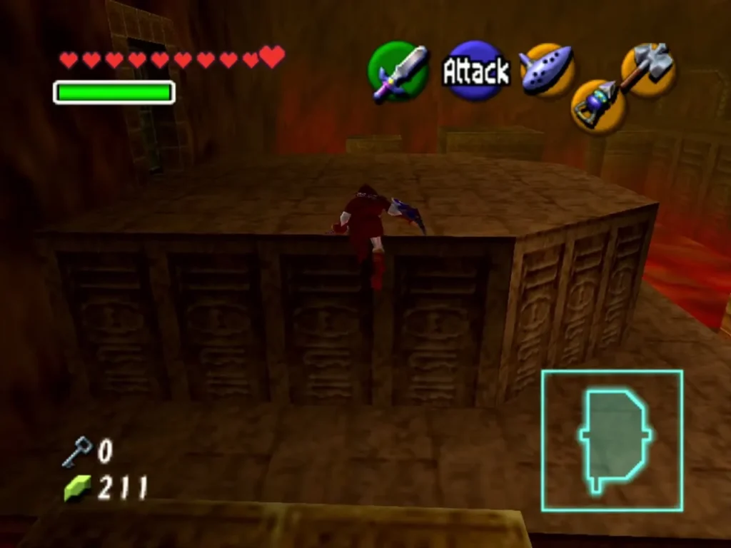 Link standing on the lowered central pillar that now forms a bridge in Fire Temple Link standing on the lowered central pillar that now forms a bridge in Fire Temple