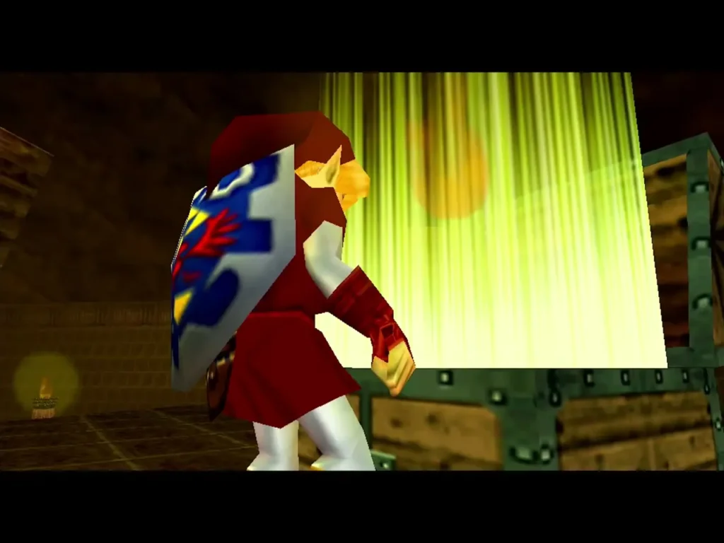 Link beside a chest glowing with light as it opens in Fire Temple Link beside a chest glowing with light as it opens in Fire Temple