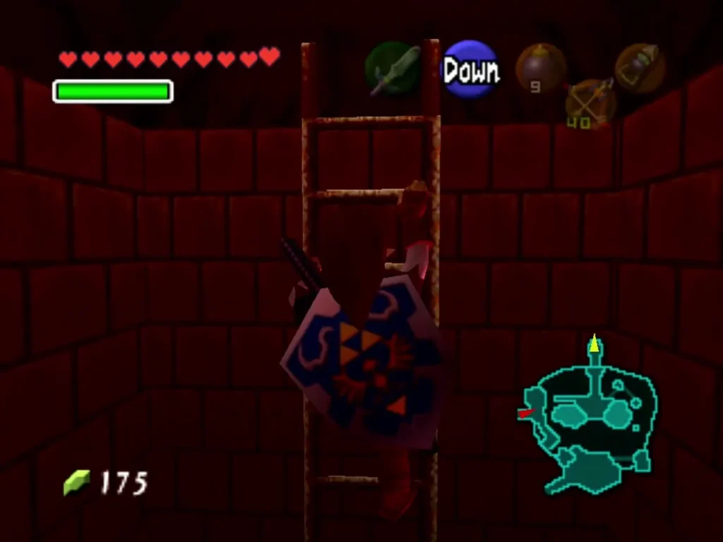 Link climbing down a long ladder in a red brick shaft Link climbing down a long ladder in a red brick shaft