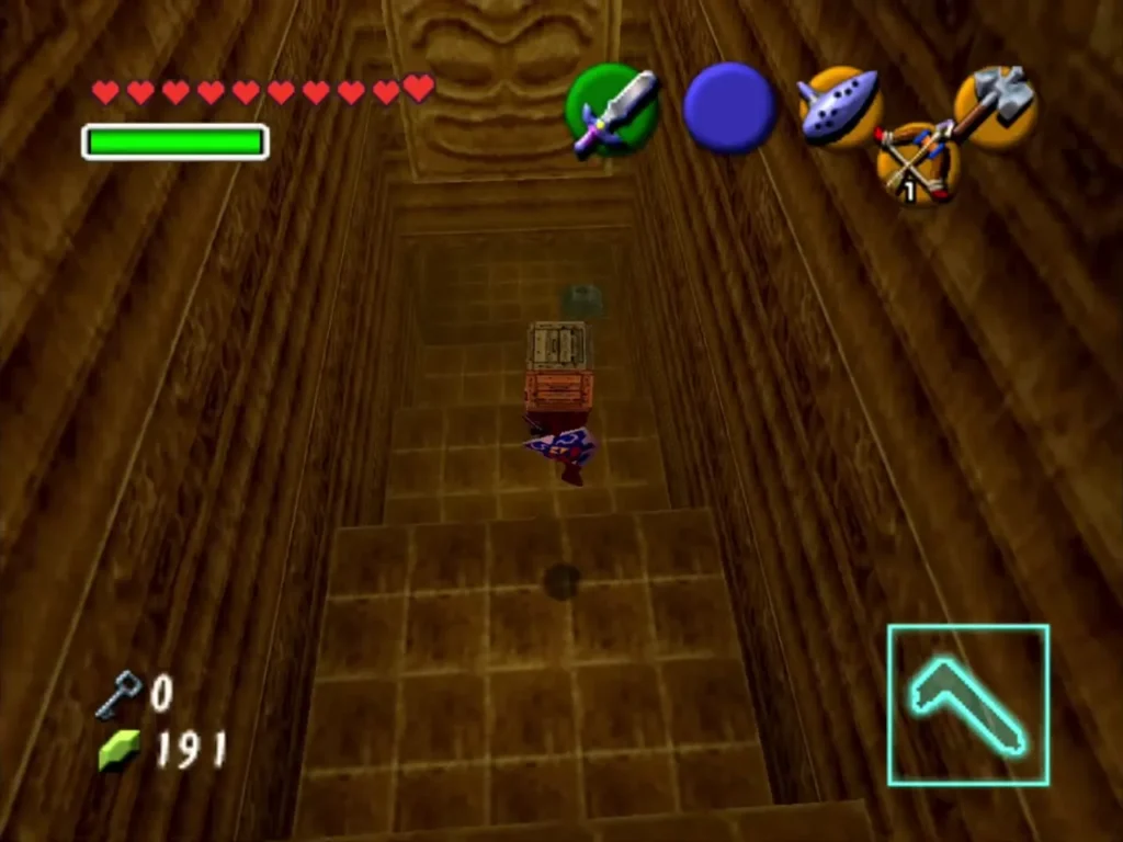 Link walking toward a wooden crate in a Fire Temple corridor Link walking toward a wooden crate in a Fire Temple corridor