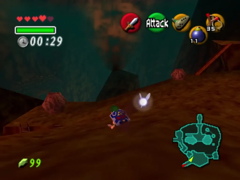 Child Link crossing a rock ledge in Death Mountain Crater with the heat countdown running Child Link crossing a rock ledge in Death Mountain Crater with the heat countdown running