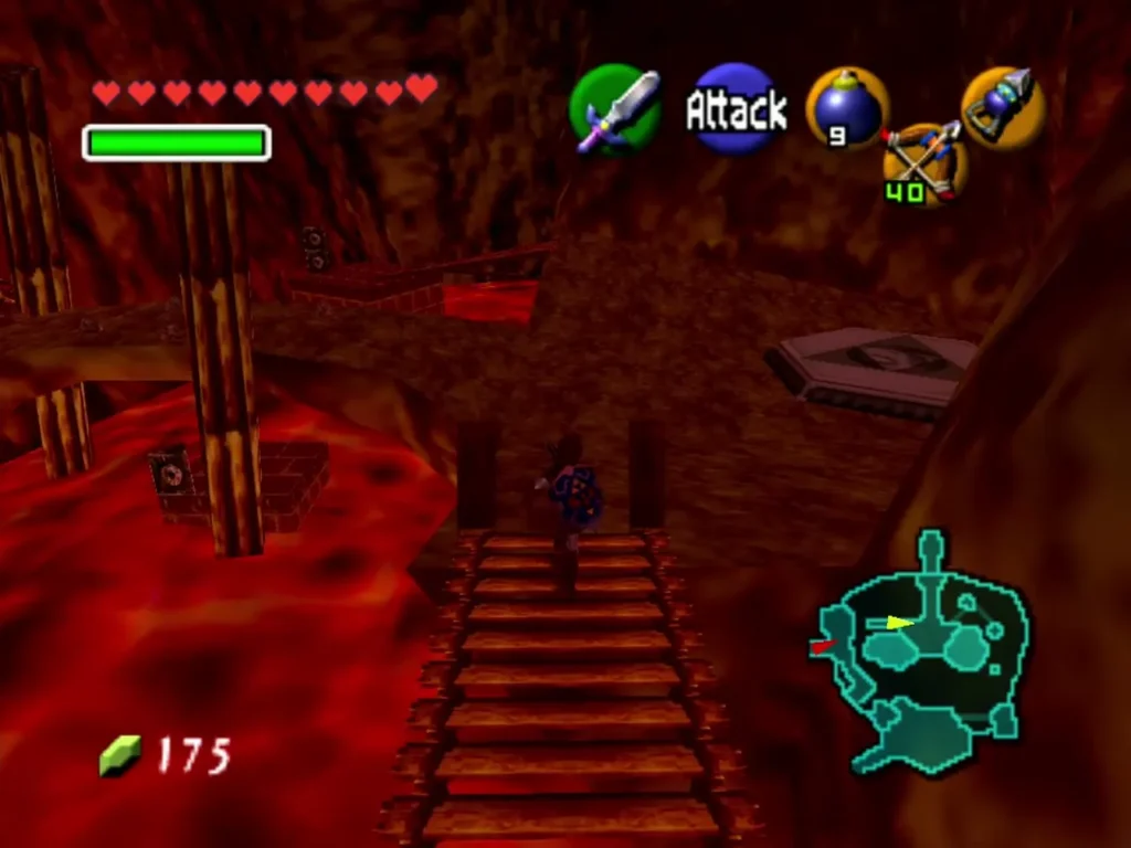 Link walking the wooden stairs of the Crater path beside lava Link walking the wooden stairs of the Crater path beside lava
