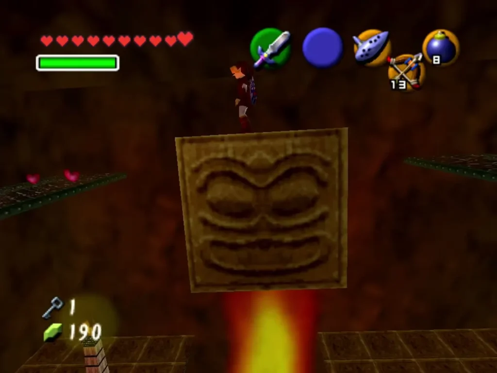 Face block rising on the lava geyser toward the Fire Temple ceiling Face block rising on the lava geyser toward the Fire Temple ceiling