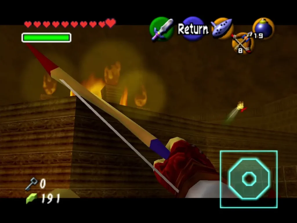 Link shooting arrows at Fire Keese in the Fire Temple octagon room Link shooting arrows at Fire Keese in the Fire Temple octagon room
