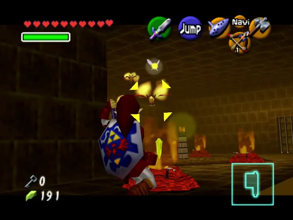 Link fighting Fire Keese in a lava-lit hallway of the Fire Temple Link fighting Fire Keese in a lava-lit hallway of the Fire Temple
