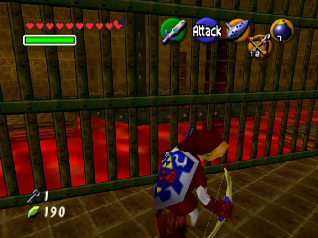 Link drawing his bow in a barred corridor above red lava in the Fire Temple Link drawing his bow in a barred corridor above red lava in the Fire Temple