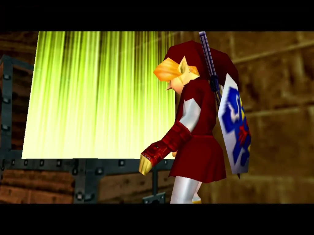 Link stepping up to a chest that glows bright green as it opens in the Fire Temple Link stepping up to a chest that glows bright green as it opens in the Fire Temple
