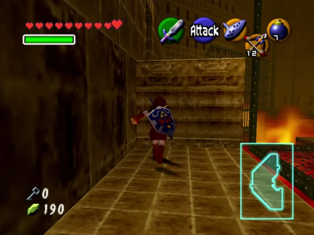 Link walking down a stone corridor toward a door with fire burning at the side Link walking down a stone corridor toward a door with fire burning at the side