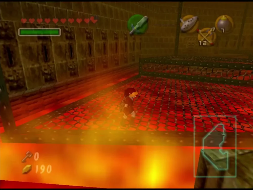 Link running across a red tiled floor ahead of a wall of fire in the Fire Temple Link running across a red tiled floor ahead of a wall of fire in the Fire Temple