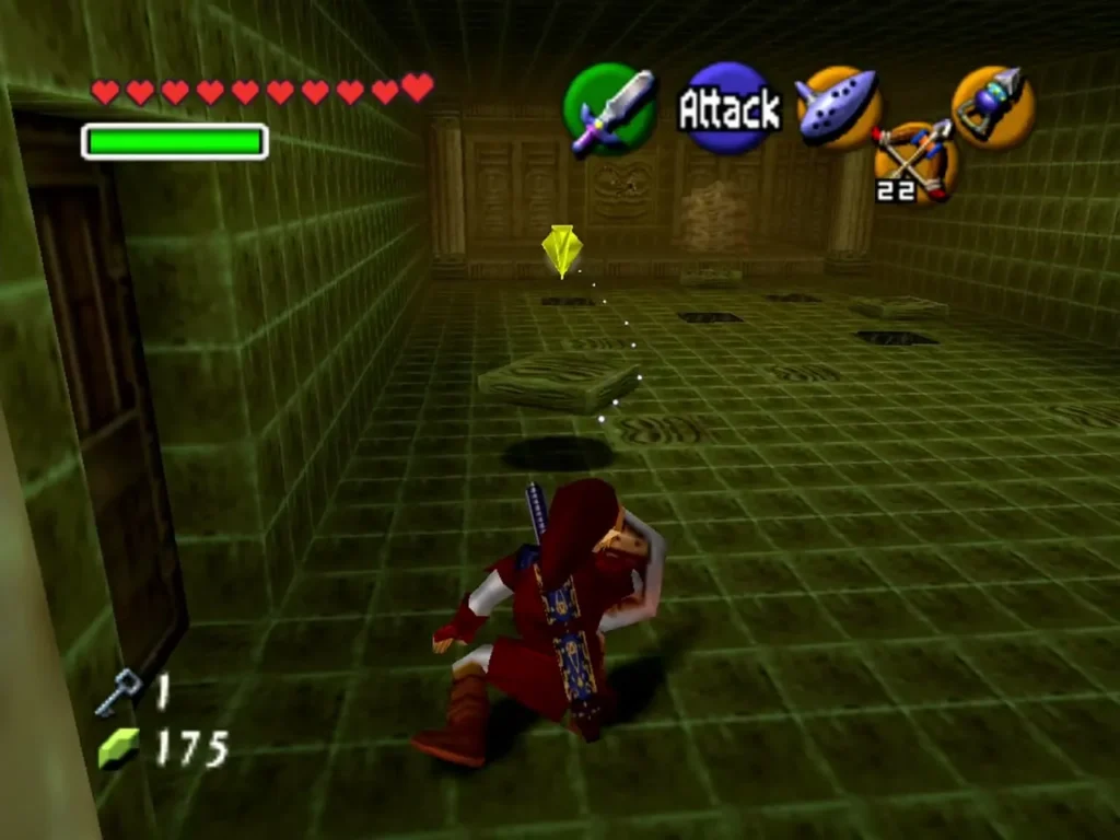 Link crouched on the green tiled floor of the room with a yellow gem ahead Link crouched on the green tiled floor of the room with a yellow gem ahead
