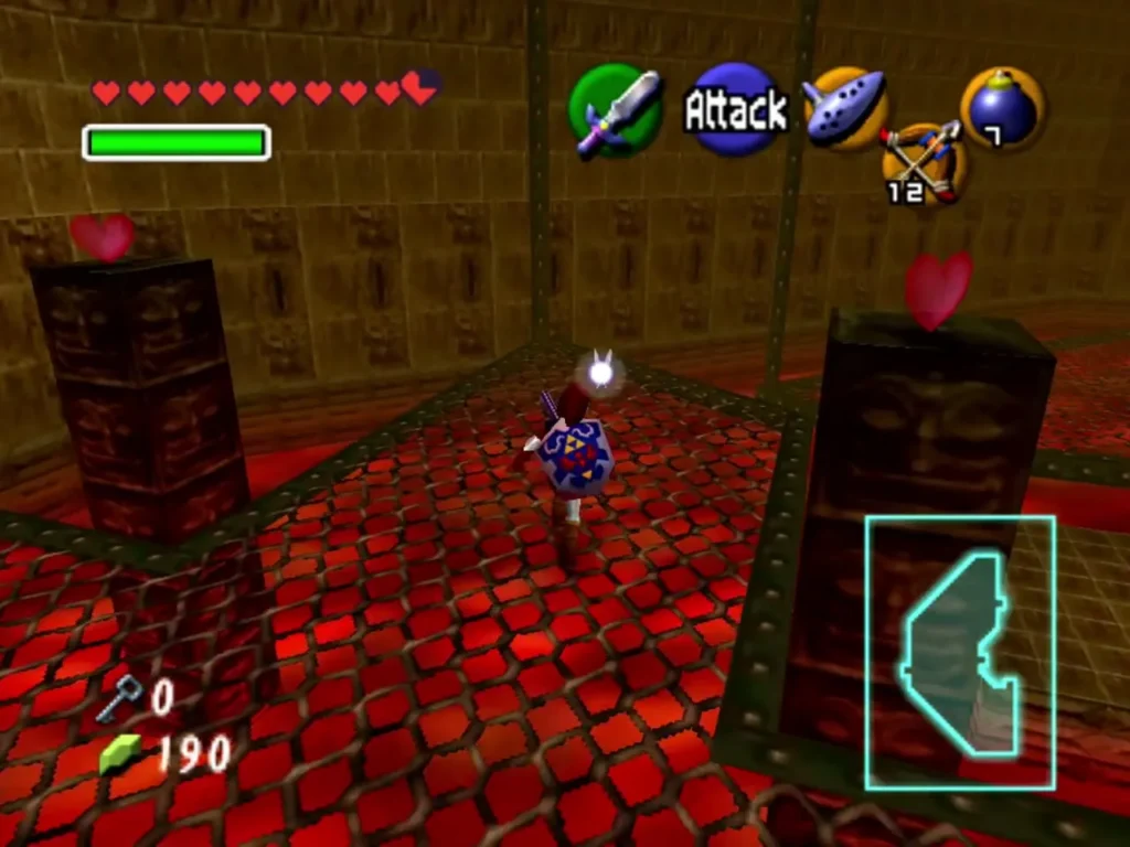Link crossing a lava-tiled room between two pillars, one with a heart, in the Fire Temple Link crossing a lava-tiled room between two pillars, one with a heart, in the Fire Temple