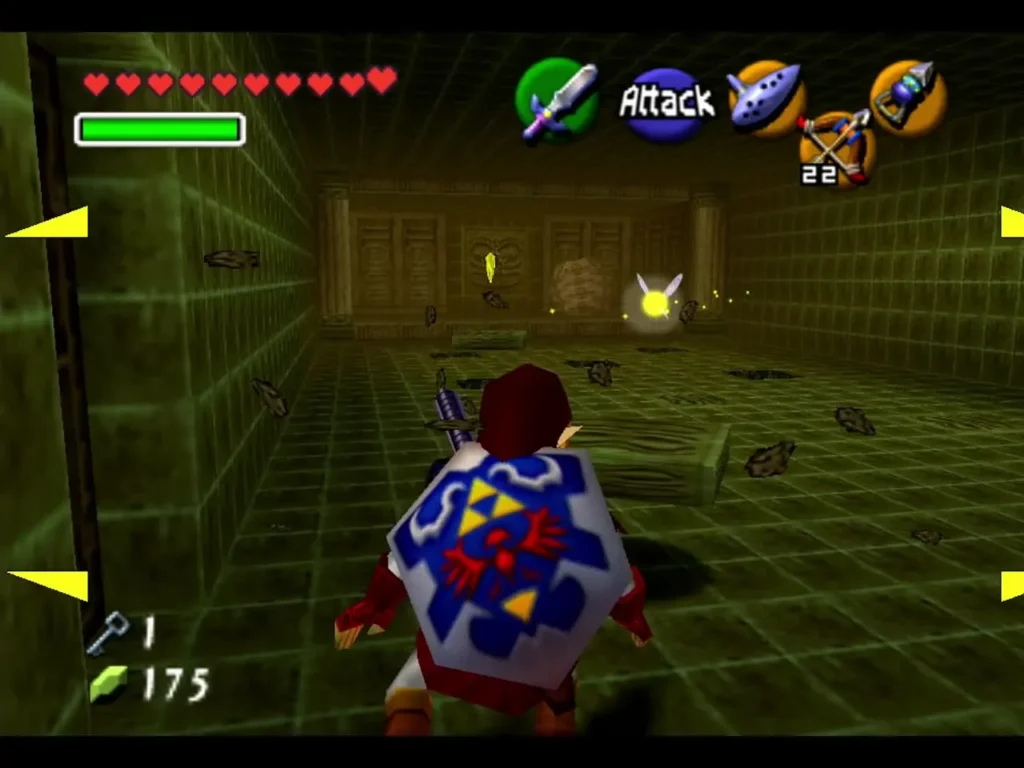 Link holding his shield up while walking across the green tiled floor Link holding his shield up while walking across the green tiled floor