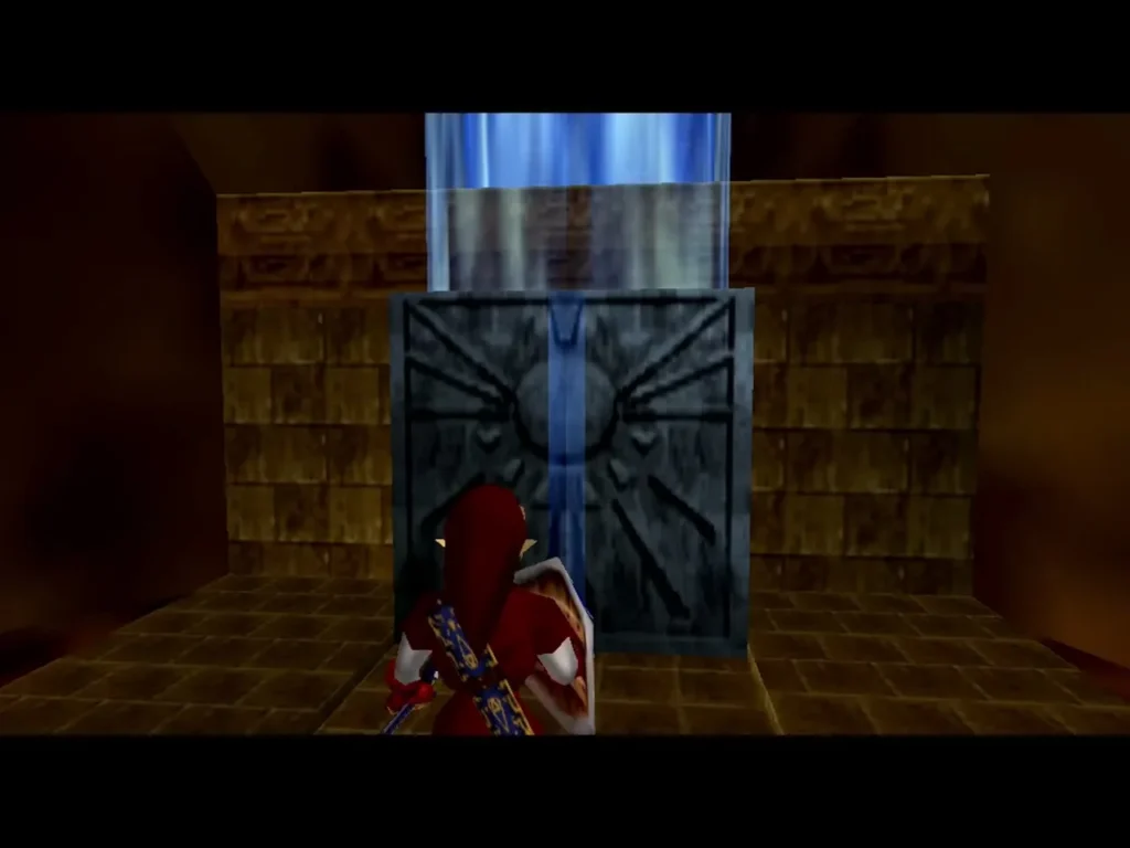 Link facing a stone door under a blue light beam from the Song of Time block Link facing a stone door under a blue light beam from the Song of Time block