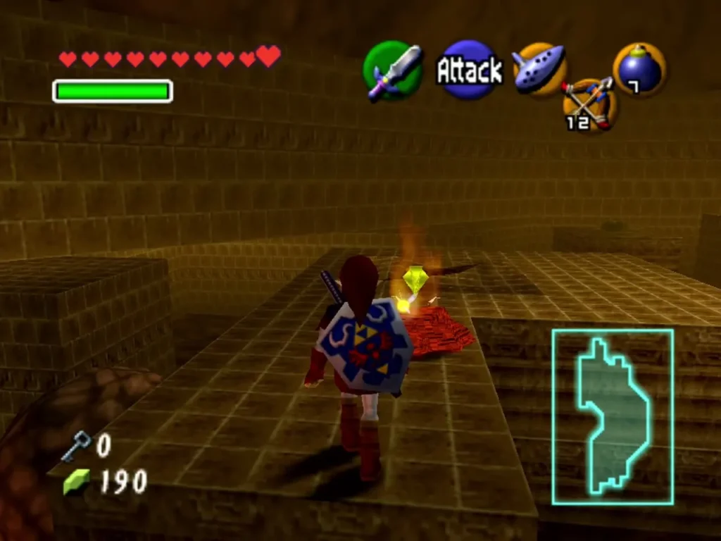 Link on a stone platform beside a fire-lit crack in the Fire Temple Link on a stone platform beside a fire-lit crack in the Fire Temple