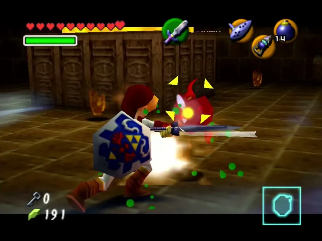 Link's sword striking the small Flare Dancer body in the Fire Temple boss room Link's sword striking the small Flare Dancer body in the Fire Temple boss room