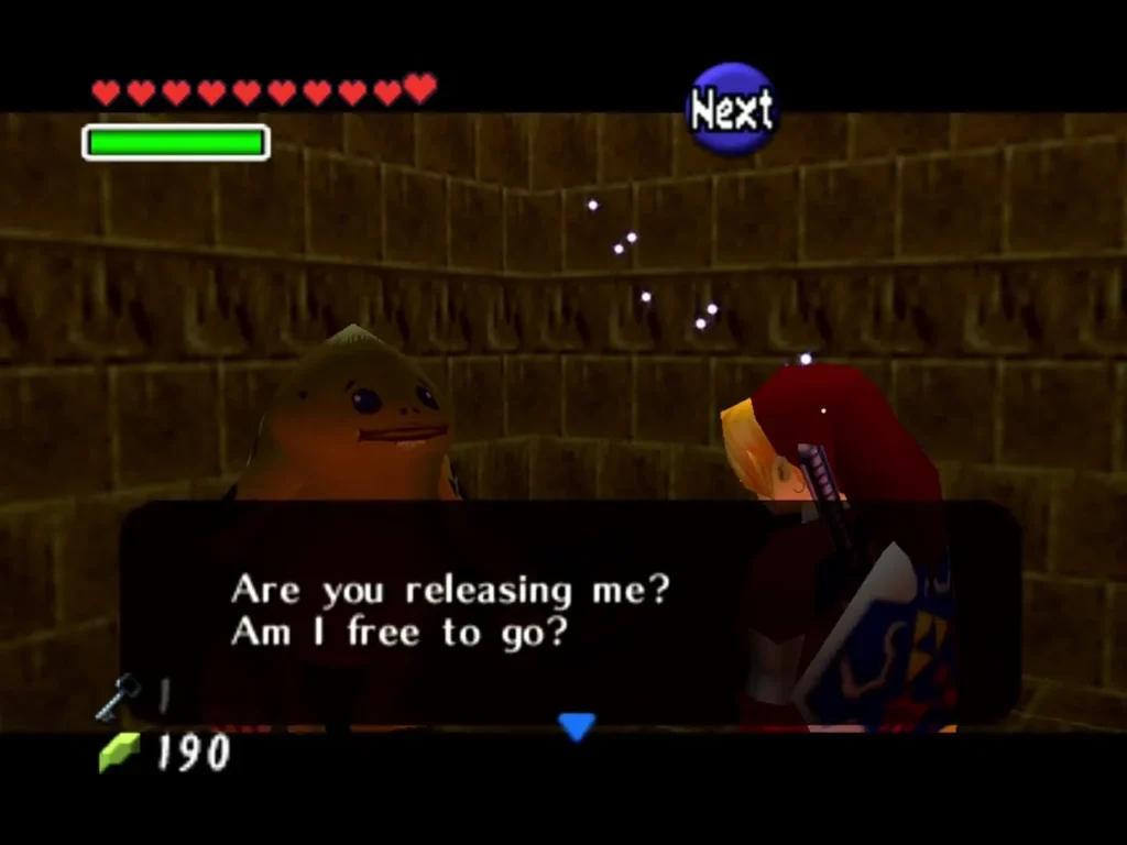 The freed Goron in the Fire Temple asking Link if he is released and free to go The freed Goron in the Fire Temple asking Link if he is released and free to go