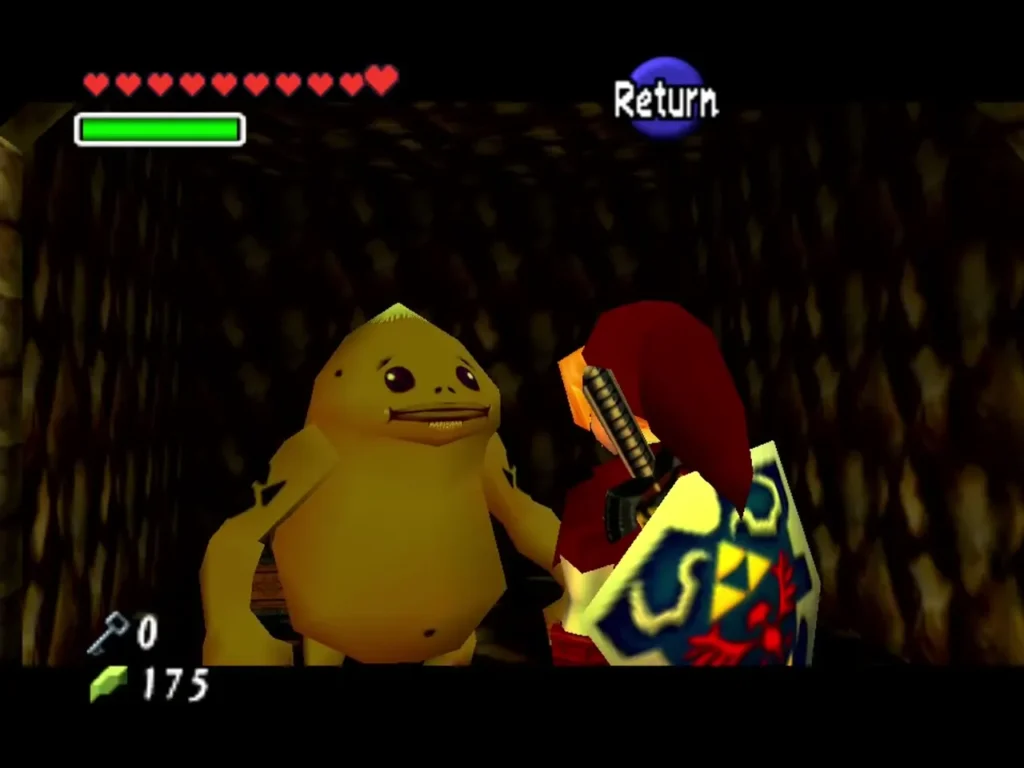 Link standing beside the freed Goron in a stone corridor Link standing beside the freed Goron in a stone corridor