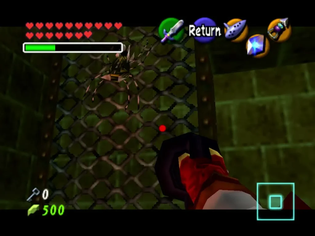 Link aiming the Hookshot at Gold Skulltula 3 on the chain-link wall inside the secret room Link aiming the Hookshot at Gold Skulltula 3 on the chain-link wall inside the secret room