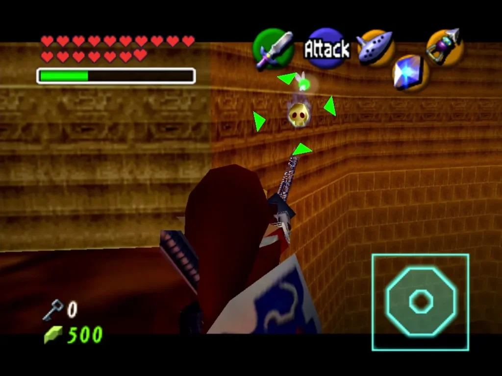 Link targeting Gold Skulltula 4 on the wall above a large hole in the Fire Temple Link targeting Gold Skulltula 4 on the wall above a large hole in the Fire Temple