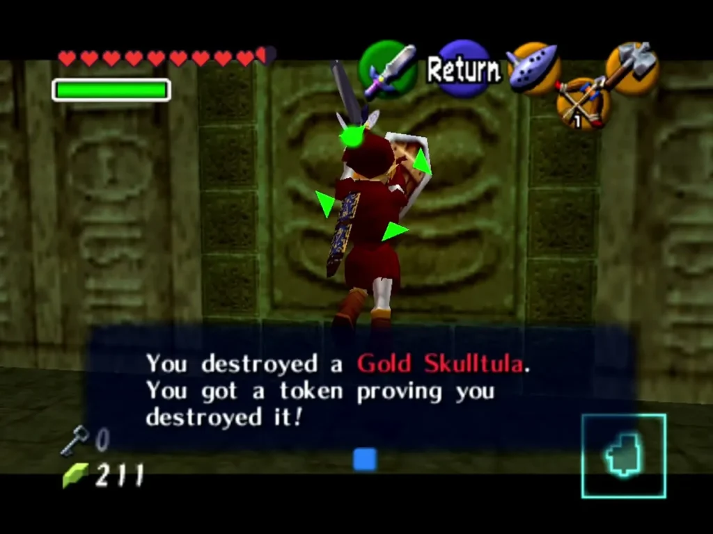 Link destroying a Gold Skulltula on the back wall and receiving its token Link destroying a Gold Skulltula on the back wall and receiving its token