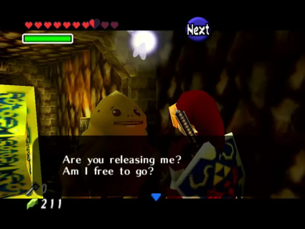 The freed Goron asking Link if he is released, with the dialogue box fully shown The freed Goron asking Link if he is released, with the dialogue box fully shown