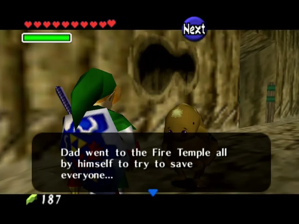 Goron child in Goron City tells Link that Dad went to the Fire Temple alone Goron child in Goron City tells Link that Dad went to the Fire Temple alone