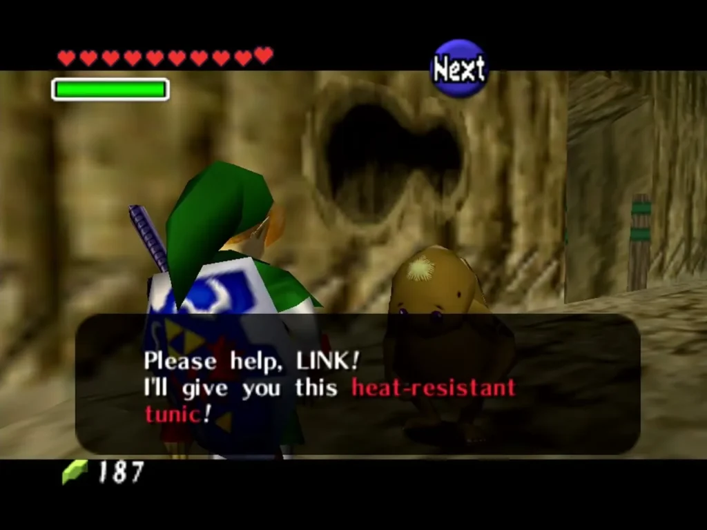 Goron child offering Link a heat-resistant tunic in Goron City Goron child offering Link a heat-resistant tunic in Goron City
