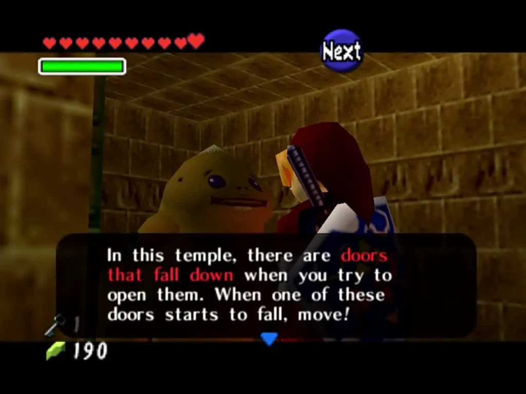 Goron dialog warning that doors in the Fire Temple fall down when opened Goron dialog warning that doors in the Fire Temple fall down when opened