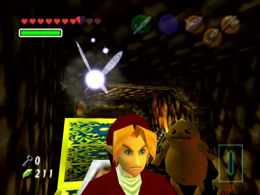 Link and a freed Goron beside a large ornate chest in Fire Temple Link and a freed Goron beside a large ornate chest in Fire Temple