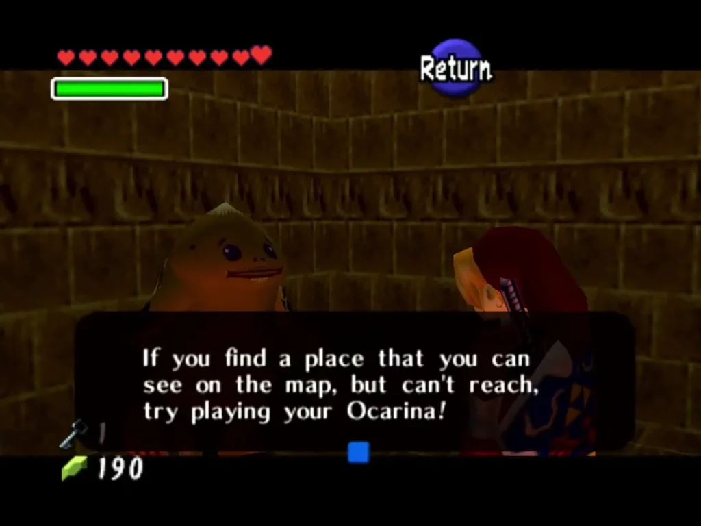 A Goron in the Fire Temple telling Link to try playing his Ocarina when a place on the map cannot be reached A Goron in the Fire Temple telling Link to try playing his Ocarina when a place on the map cannot be reached