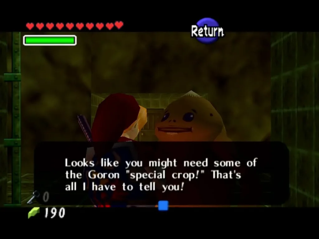 A Goron in the Fire Temple giving Link a tip about the special crop A Goron in the Fire Temple giving Link a tip about the special crop