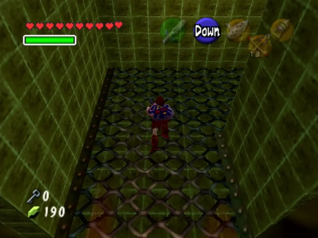 Link standing on a metal lattice grate in the Fire Temple Link standing on a metal lattice grate in the Fire Temple