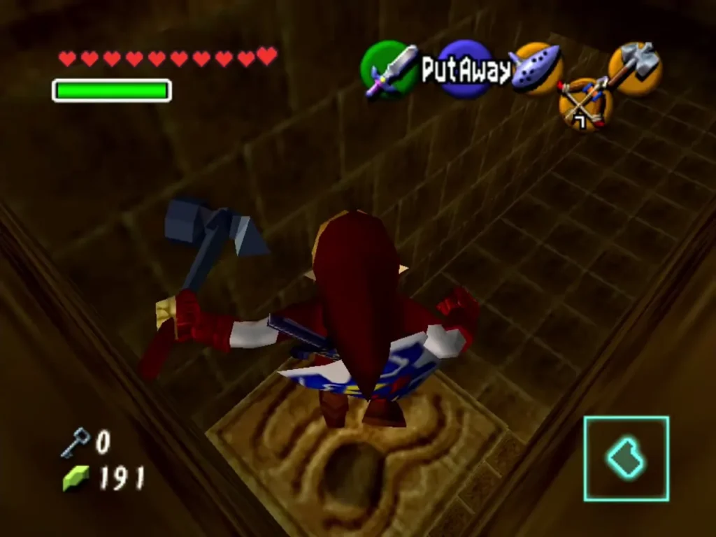 Link holding the Megaton Hammer over a carved floor pad in Fire Temple Link holding the Megaton Hammer over a carved floor pad in Fire Temple