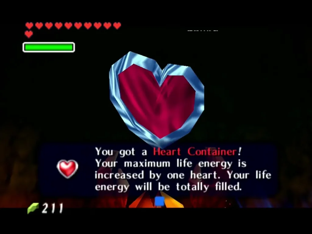Link holding up the Heart Container with its full 'You got a Heart Container' box Link holding up the Heart Container with its full 'You got a Heart Container' box