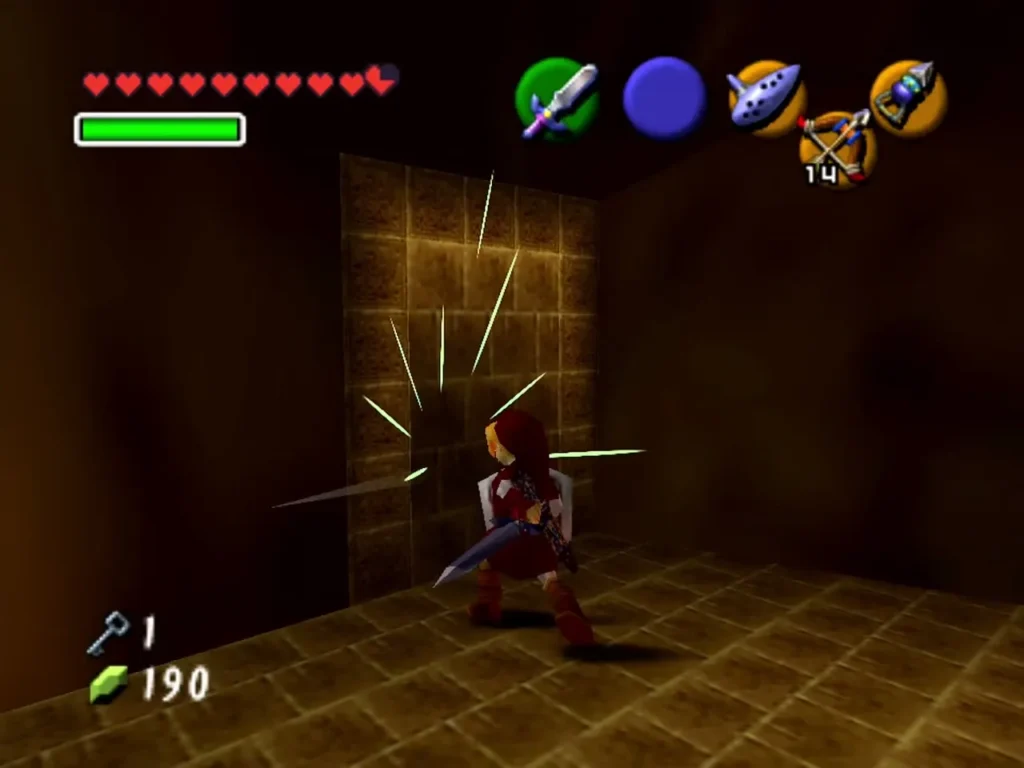 Link slashing a hollow-sounding wall with the sword in a dark corridor Link slashing a hollow-sounding wall with the sword in a dark corridor