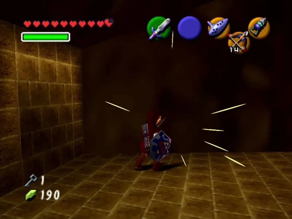 Link striking a dark wall with his sword, sparks flying from the impact Link striking a dark wall with his sword, sparks flying from the impact