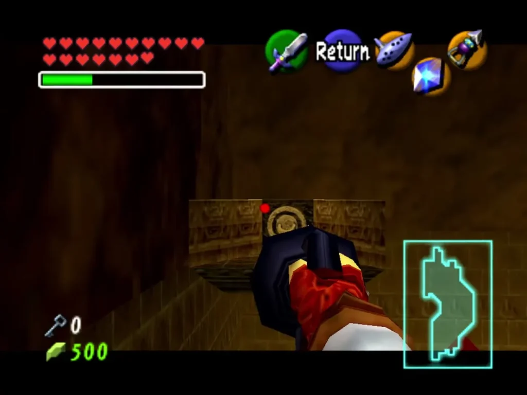 Link aiming the Hookshot at the platform behind him that lifts him into the secret room Link aiming the Hookshot at the platform behind him that lifts him into the secret room