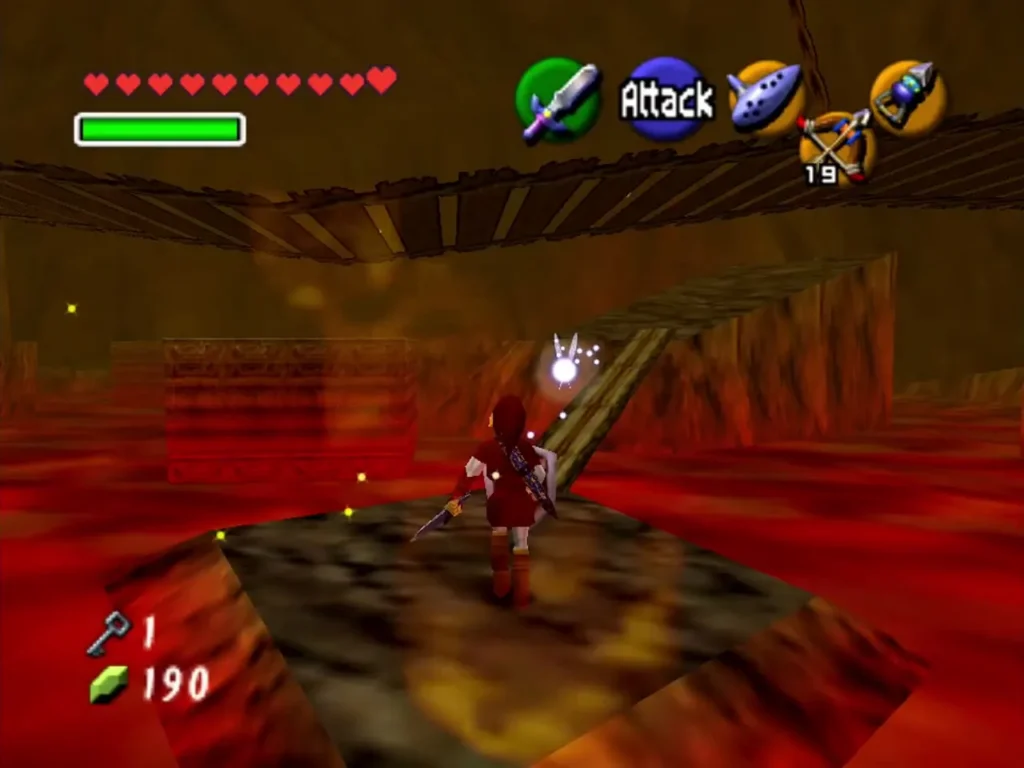 Link crossing a stone platform surrounded by lava Link crossing a stone platform surrounded by lava