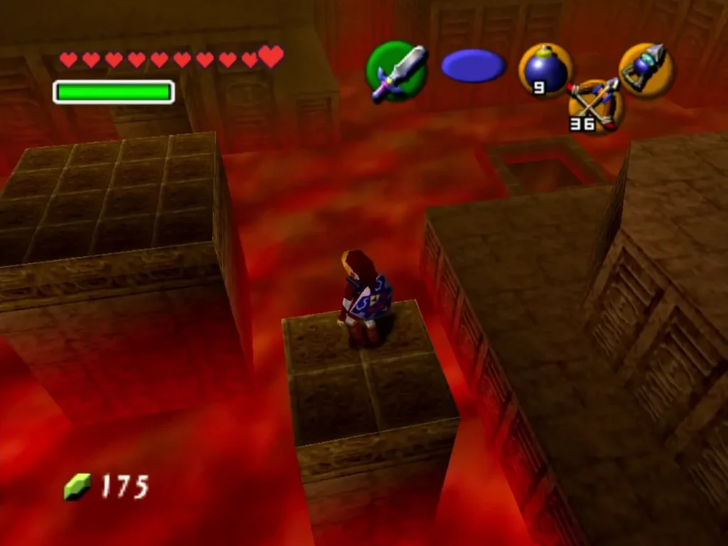 Link standing on a stone pillar surrounded by lava Link standing on a stone pillar surrounded by lava