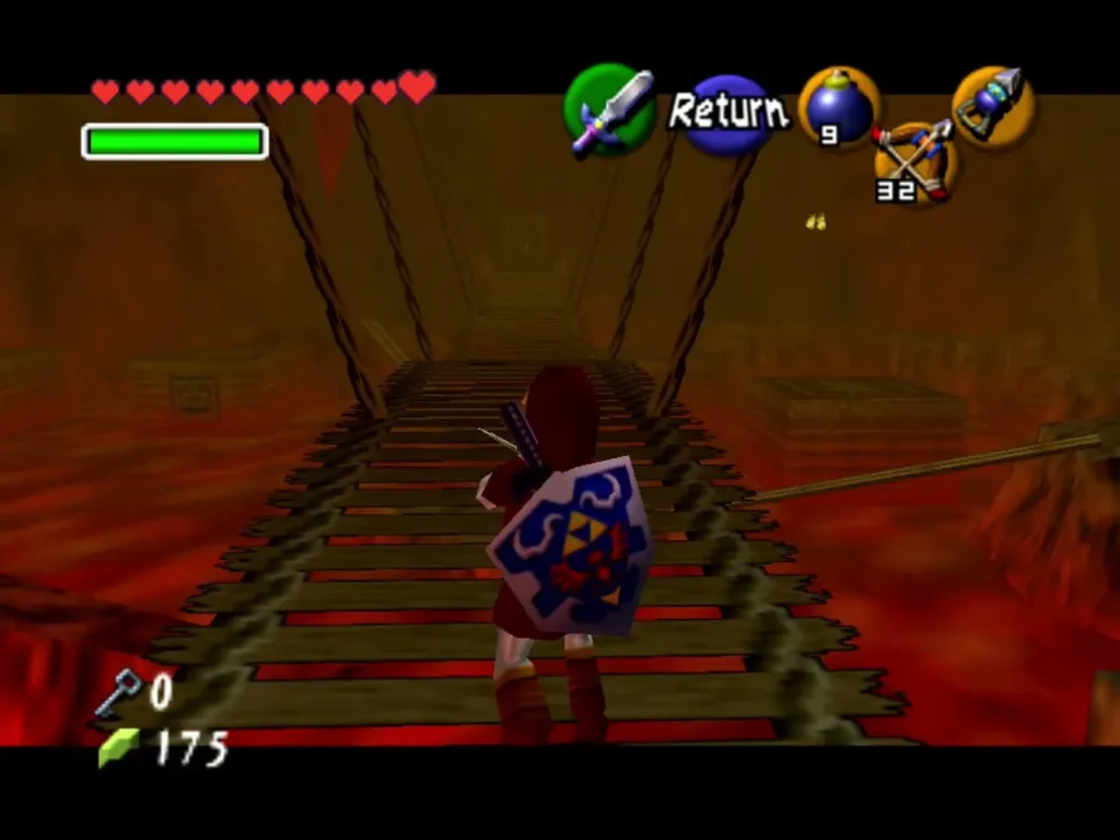 Link crossing a rope bridge over lava Link crossing a rope bridge over lava