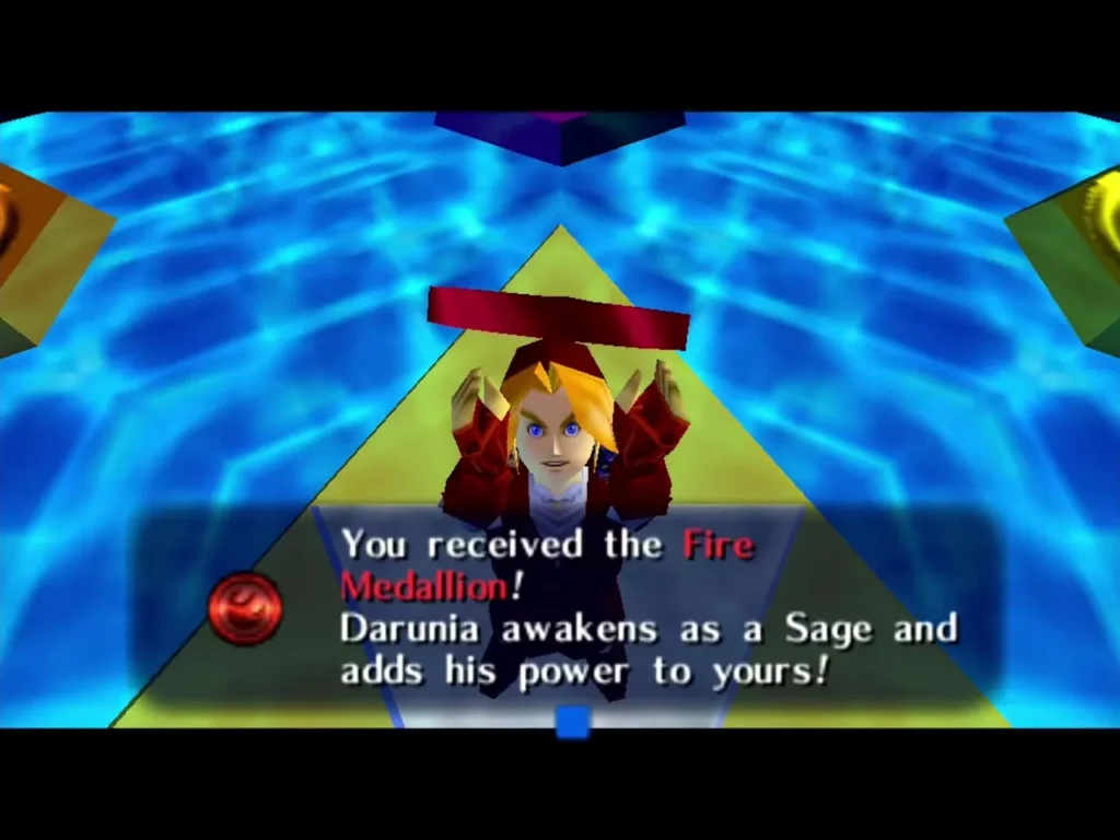 Link holding up the Fire Medallion in the Chamber of Sages Link holding up the Fire Medallion in the Chamber of Sages