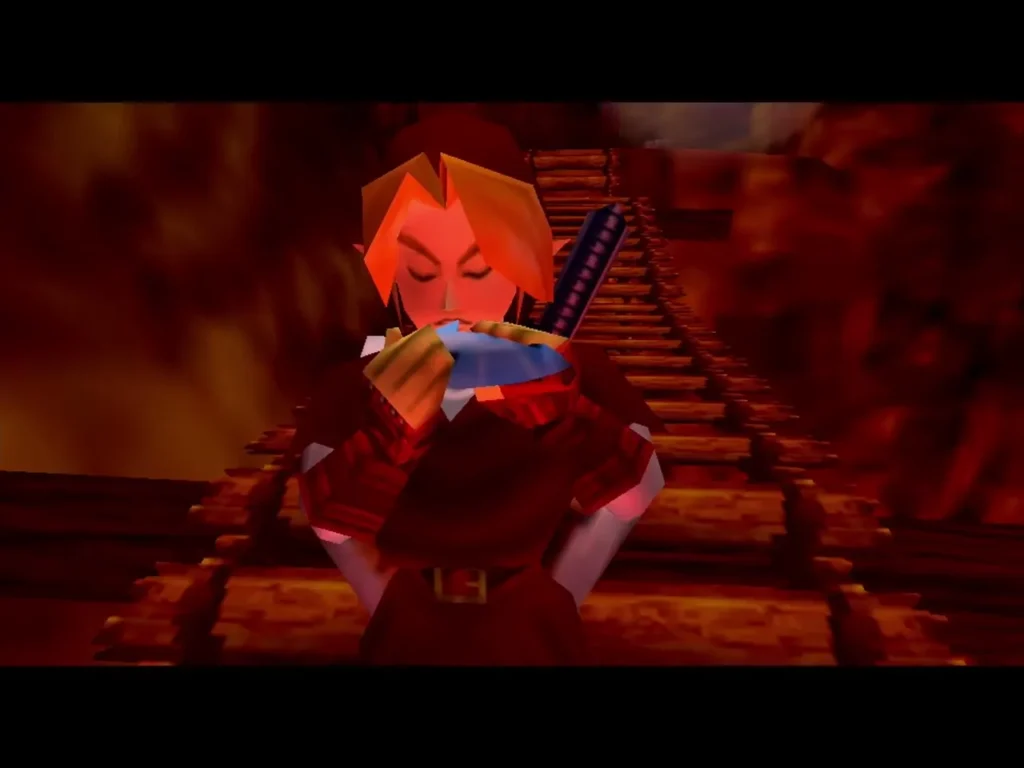 Adult Link playing the ocarina on the Crater bridge Adult Link playing the ocarina on the Crater bridge