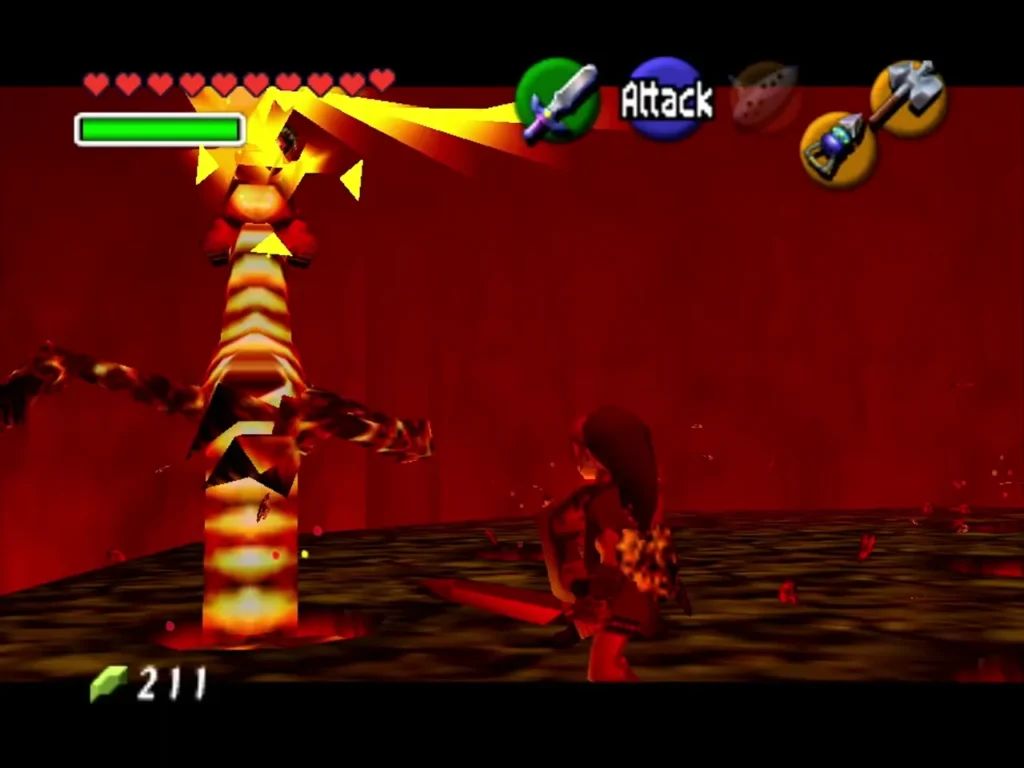 Link striking Volvagia's fiery tail with his sword on the platform Link striking Volvagia's fiery tail with his sword on the platform