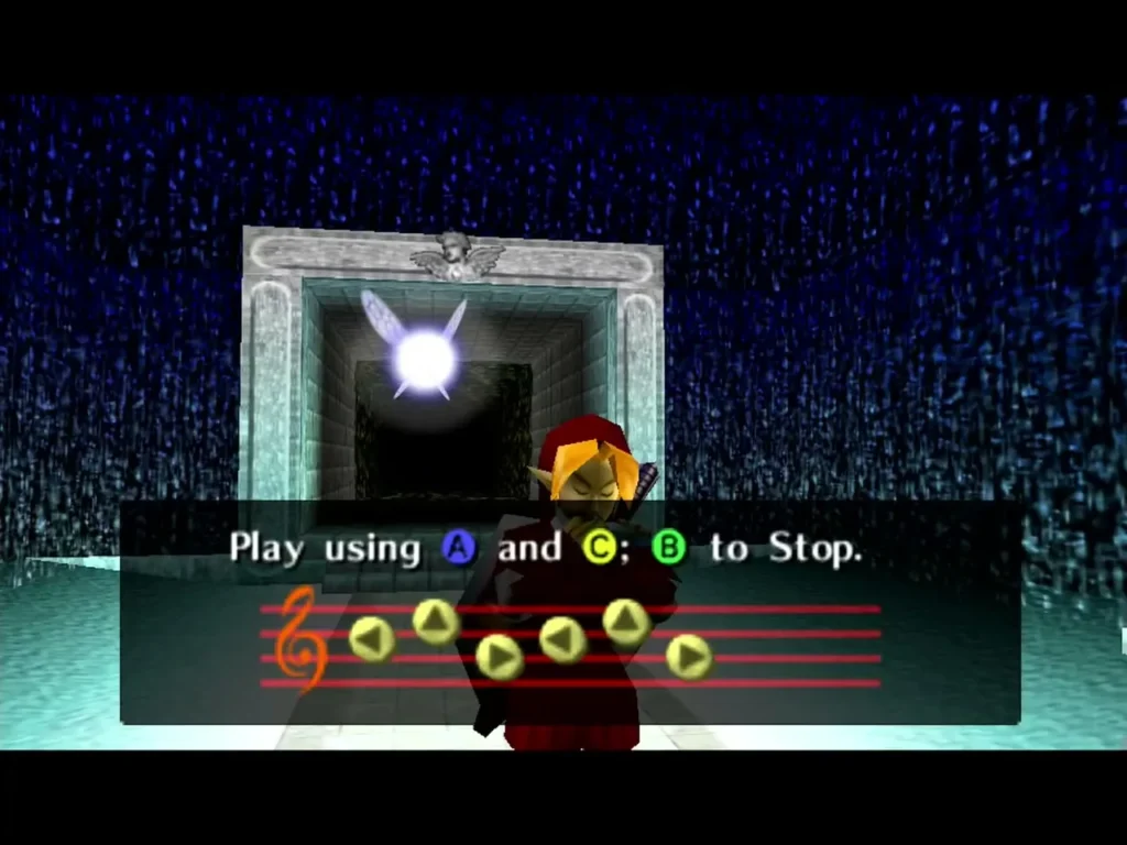 Link playing the ocarina in front of the Great Fairy's fountain door Link playing the ocarina in front of the Great Fairy's fountain door