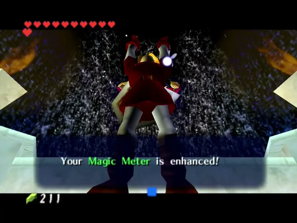 Link raising his arms as the Great Fairy enhances his Magic Meter Link raising his arms as the Great Fairy enhances his Magic Meter